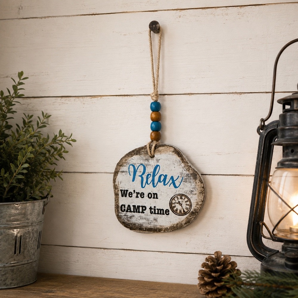Handmade Natural Birch Wood Relax We're on CAMP time Ornament Rustic Cabin Decor